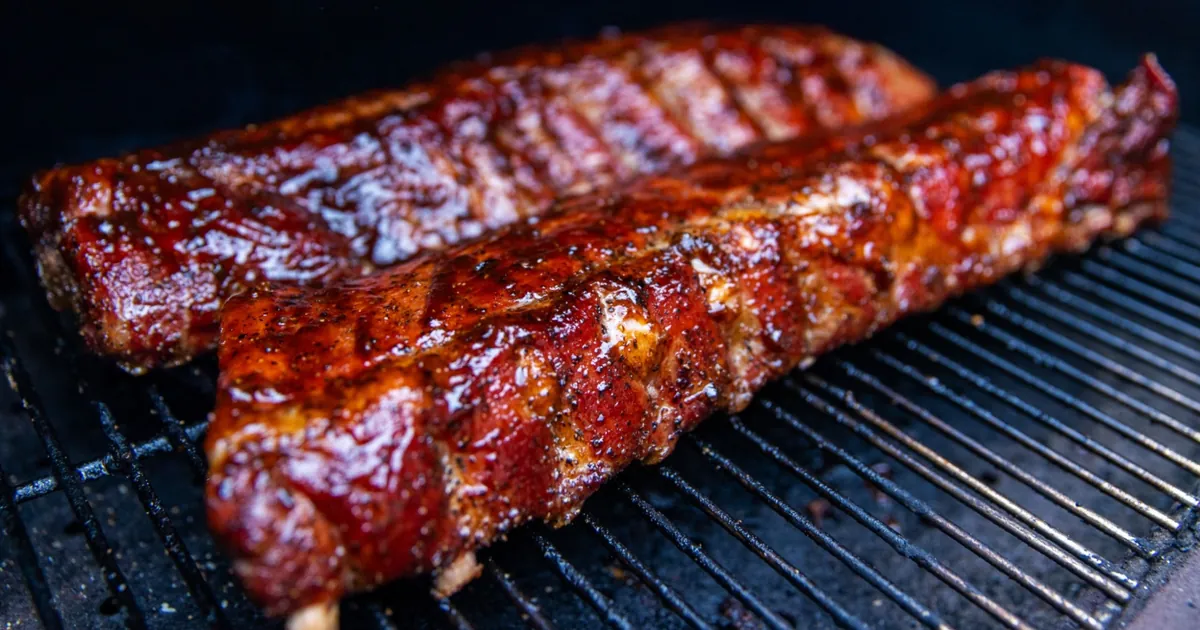Two racks of glazed smoked ribs on a smoker grate